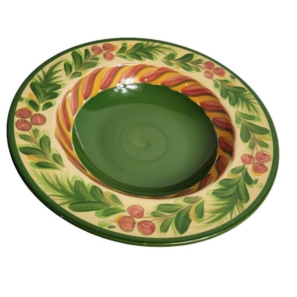 Christmas Memories Pasta Soup Bowl Signed Pittman Green Yellow 10"‎ Colorful